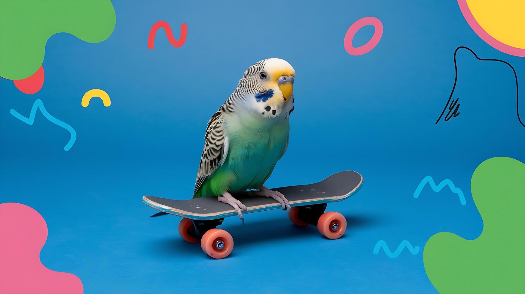 A parakeet sitting on a skateboard with colorful shapes around it photo