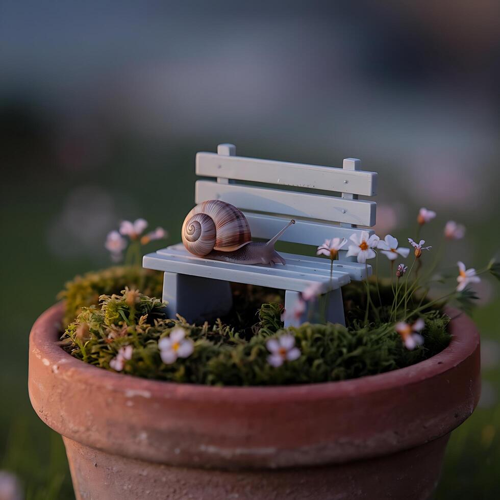 A miniature bench with a snail sitting on it photo