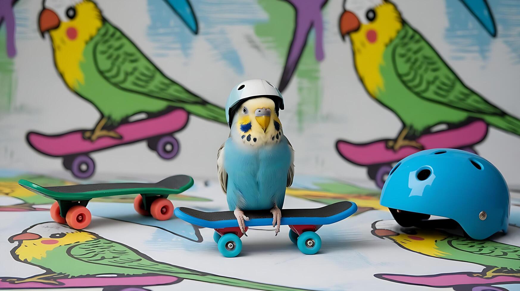 A bird wearing a helmet on a skateboard photo