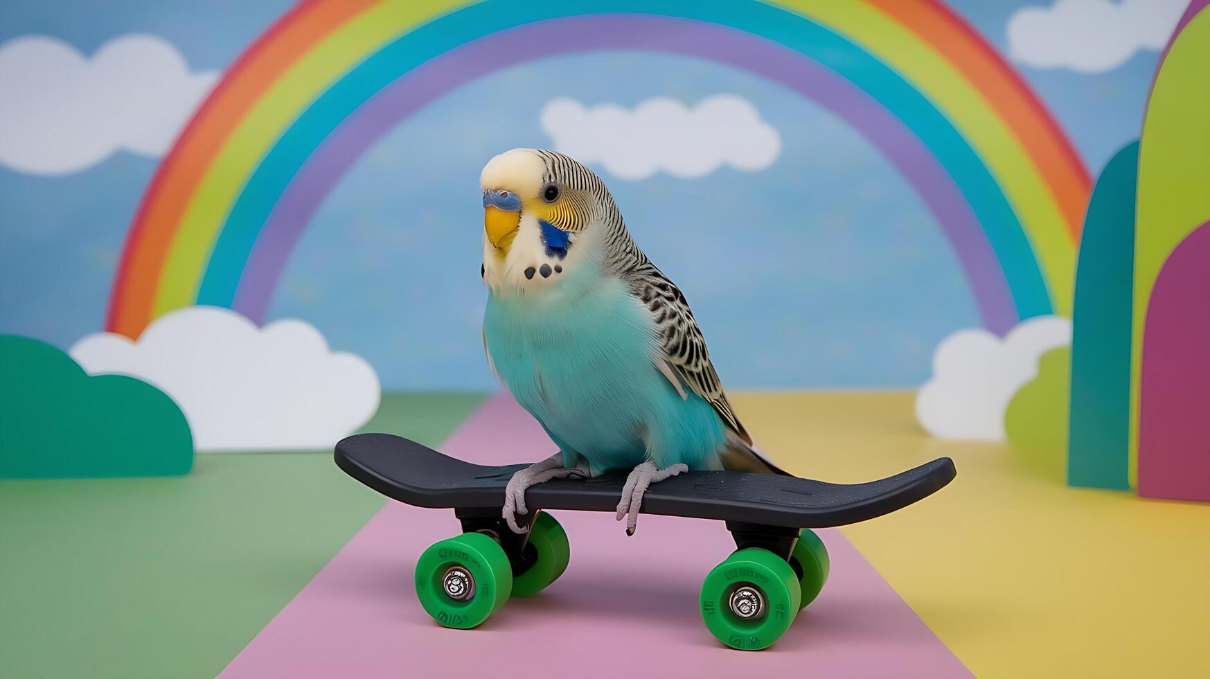 A parakeet sitting on a skateboard with a rainbow background photo