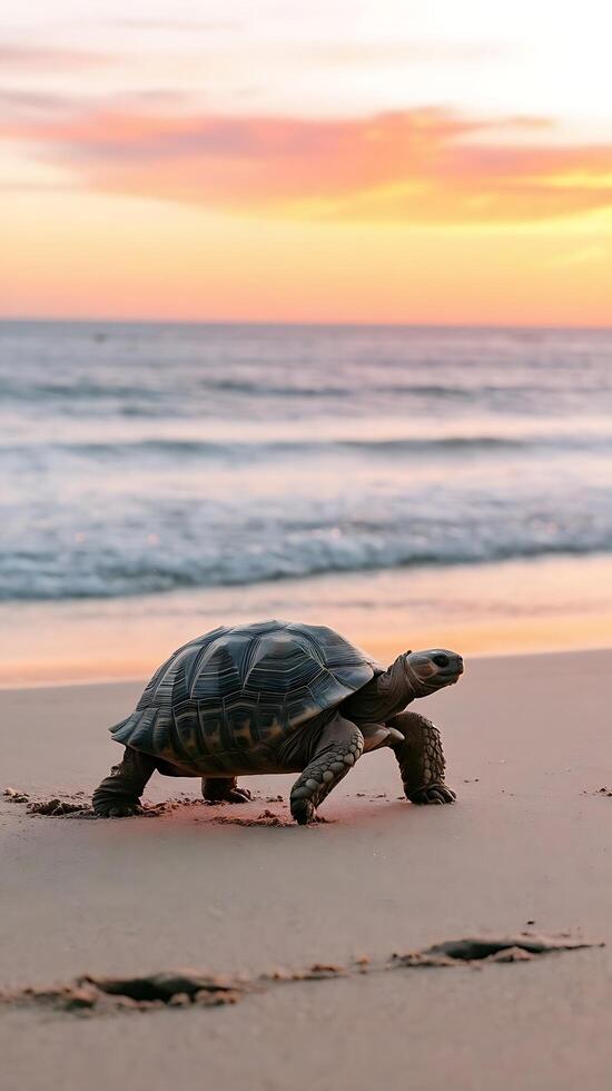 A turtle walking on the beach at sunset photo