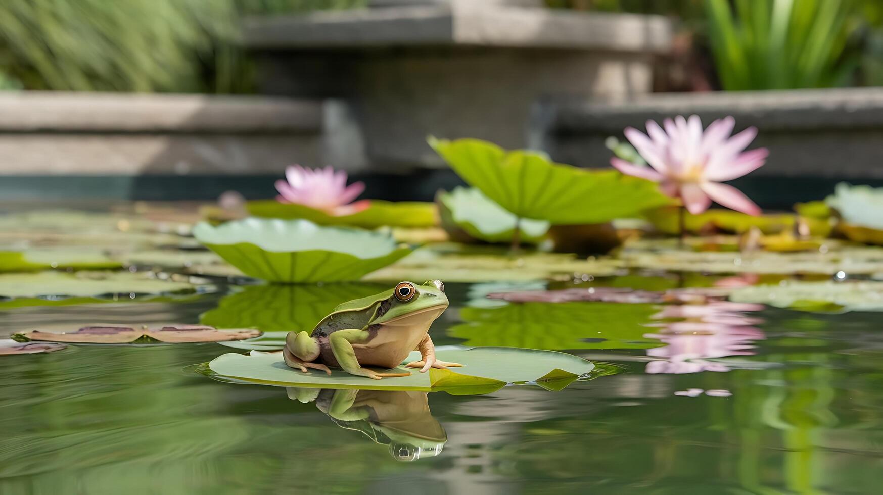 A frog sits on a lily pad in a pond photo