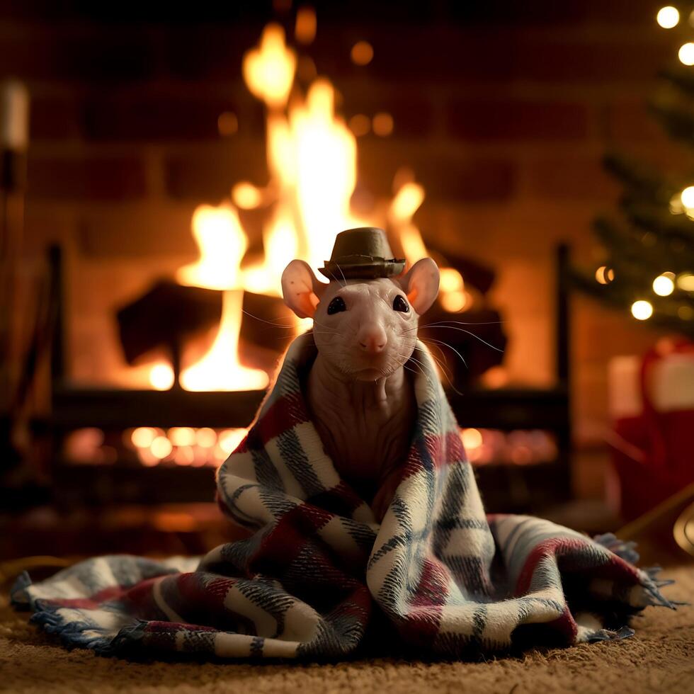 A rat wearing a hat and sitting on a blanket photo