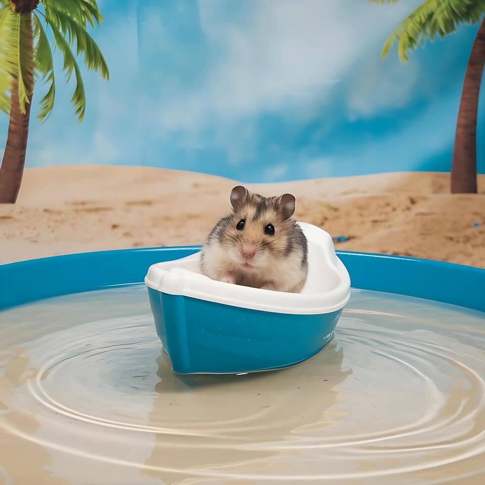 A hamster in a boat on a pool with palm trees photo