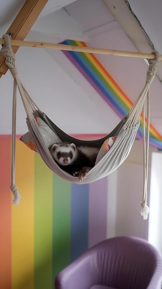 A sloth in a hammock hanging from the ceiling photo