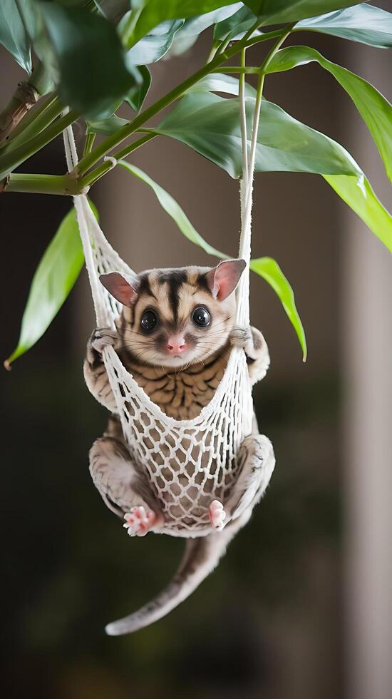 A sugar glider hanging from a tree branch photo