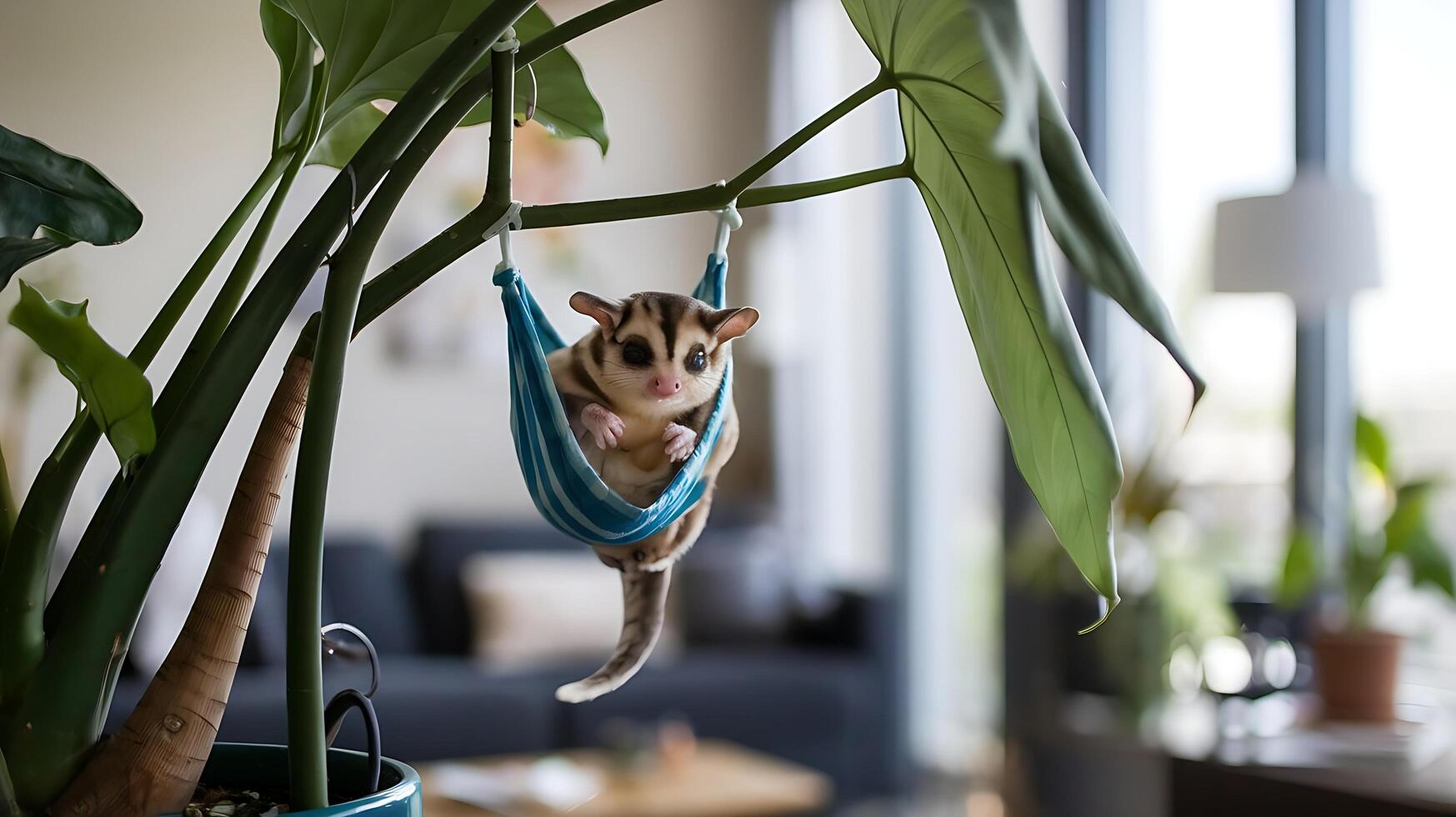 A sugar glider in a hammock hanging from a plant photo