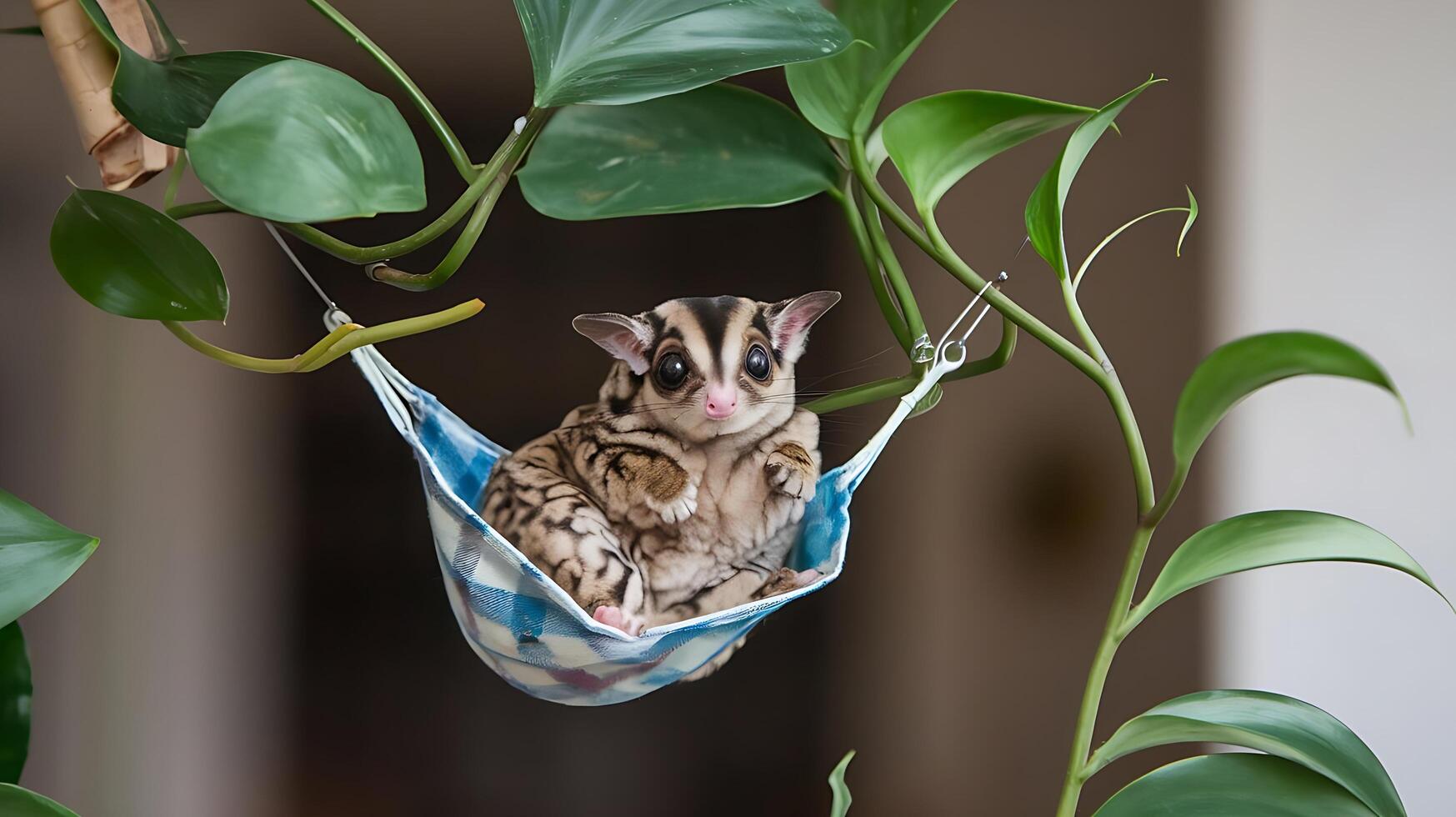 A small animal sitting in a hammock on a plant photo