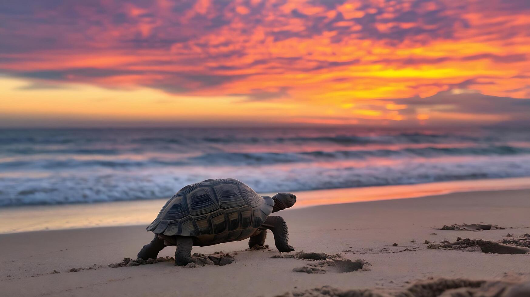 A turtle walking on the beach at sunset photo