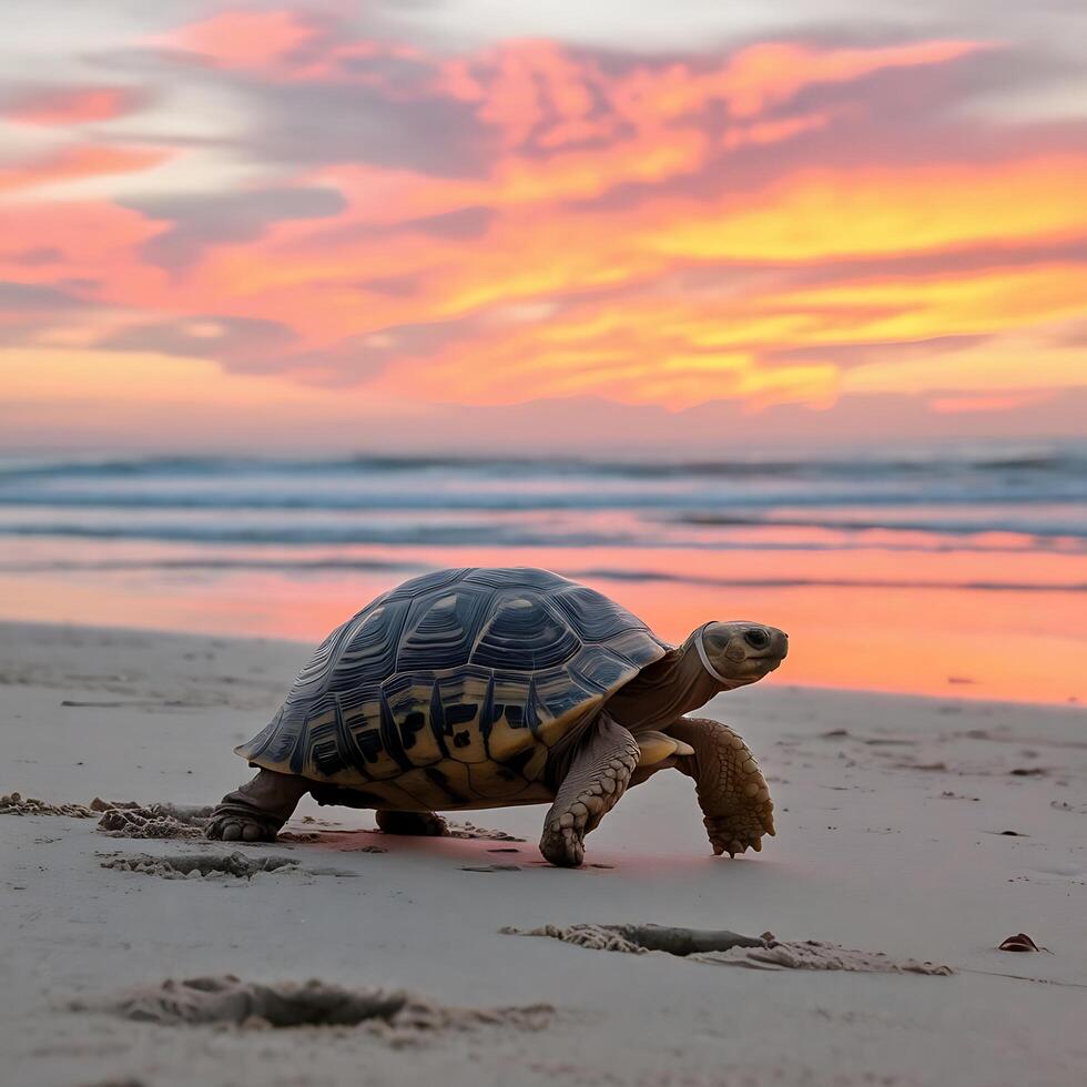 A turtle walking on the beach at sunset photo