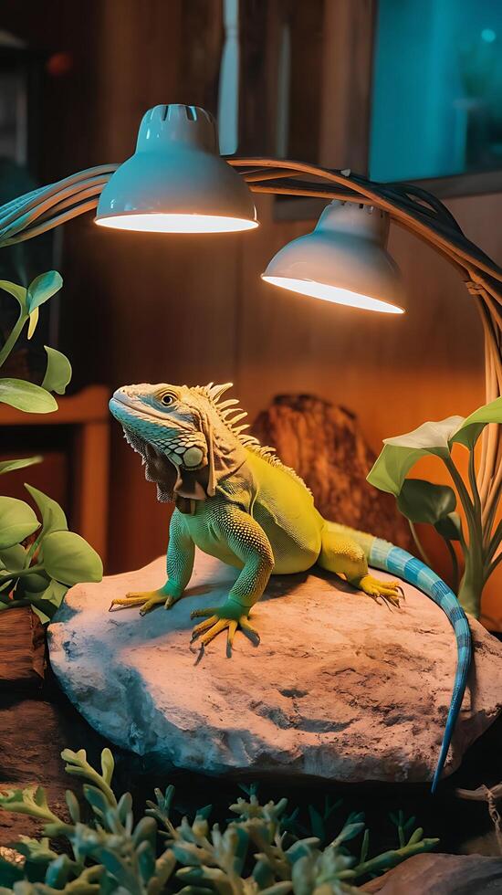 An iguana is sitting on a rock under a lamp photo