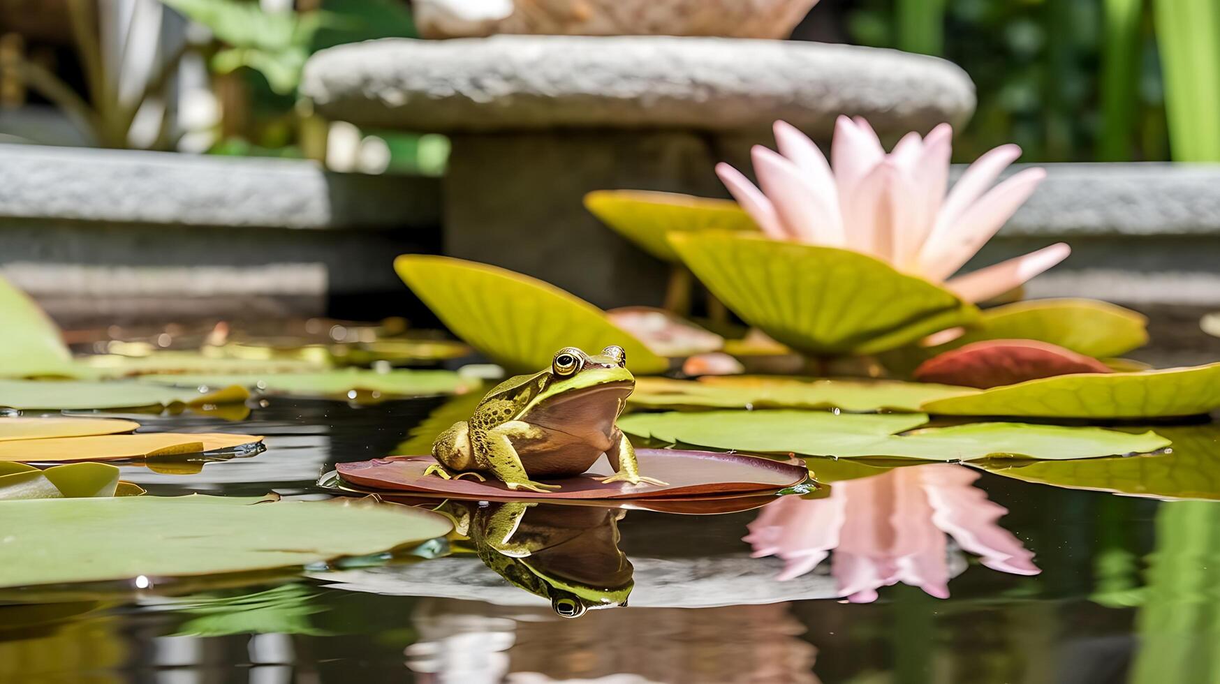 A frog sits on a lily pad in a pond photo