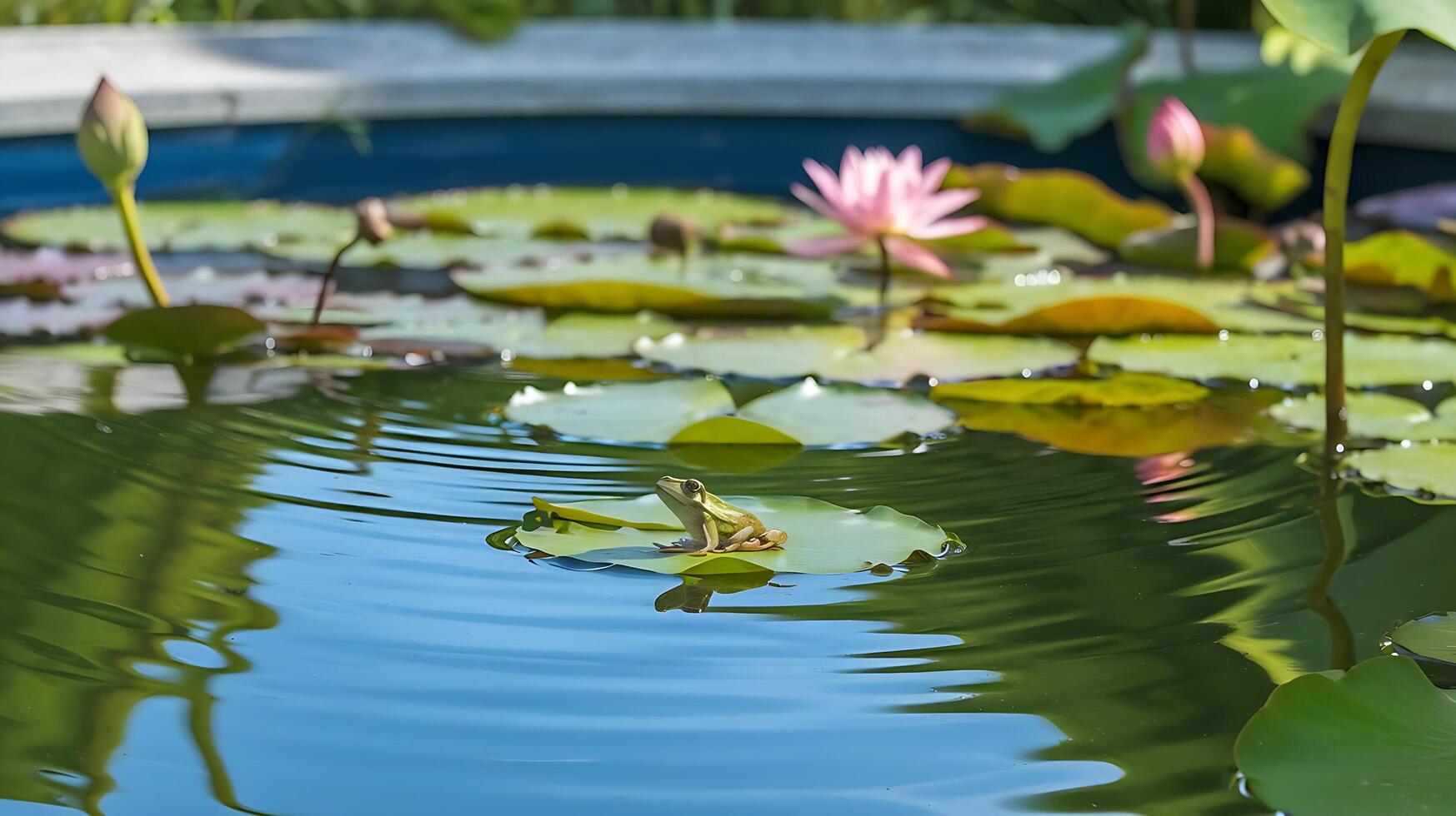 Frog in pond with water lily photo
