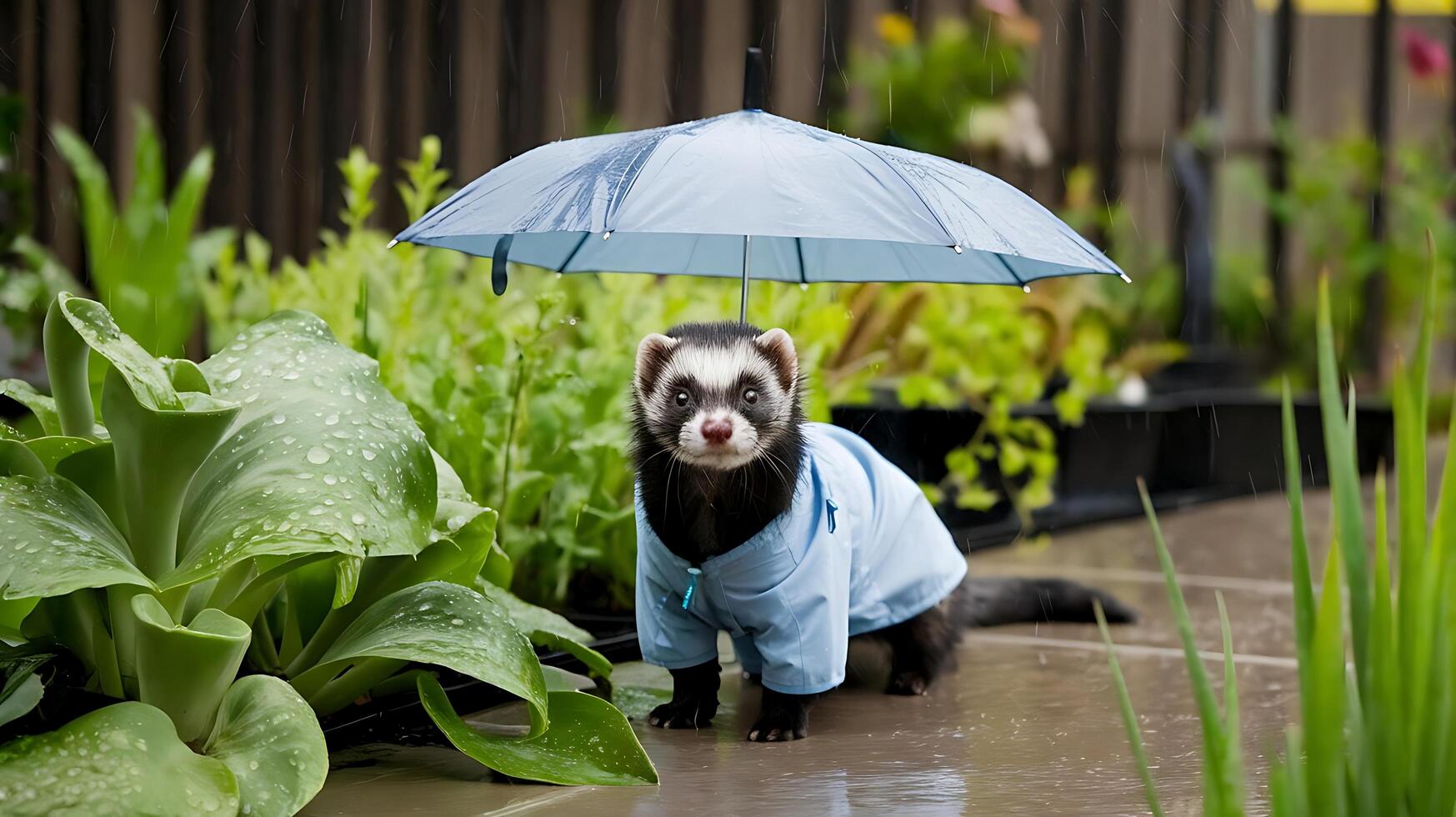 A ferret in a blue jacket and umbrella photo