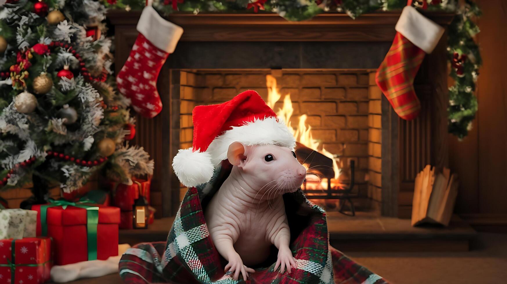 A rat in a christmas hat sitting on a chair near a fireplace photo