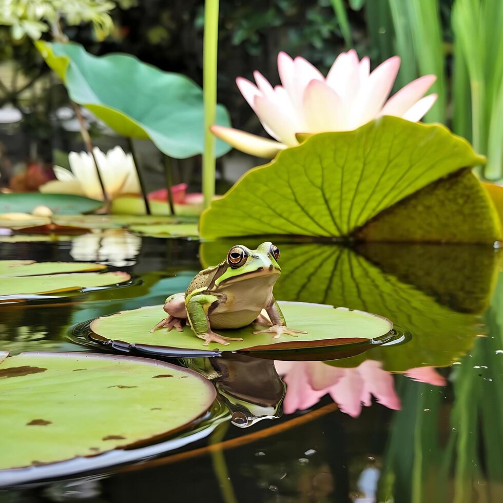 A frog sits on a lily pad in a pond photo