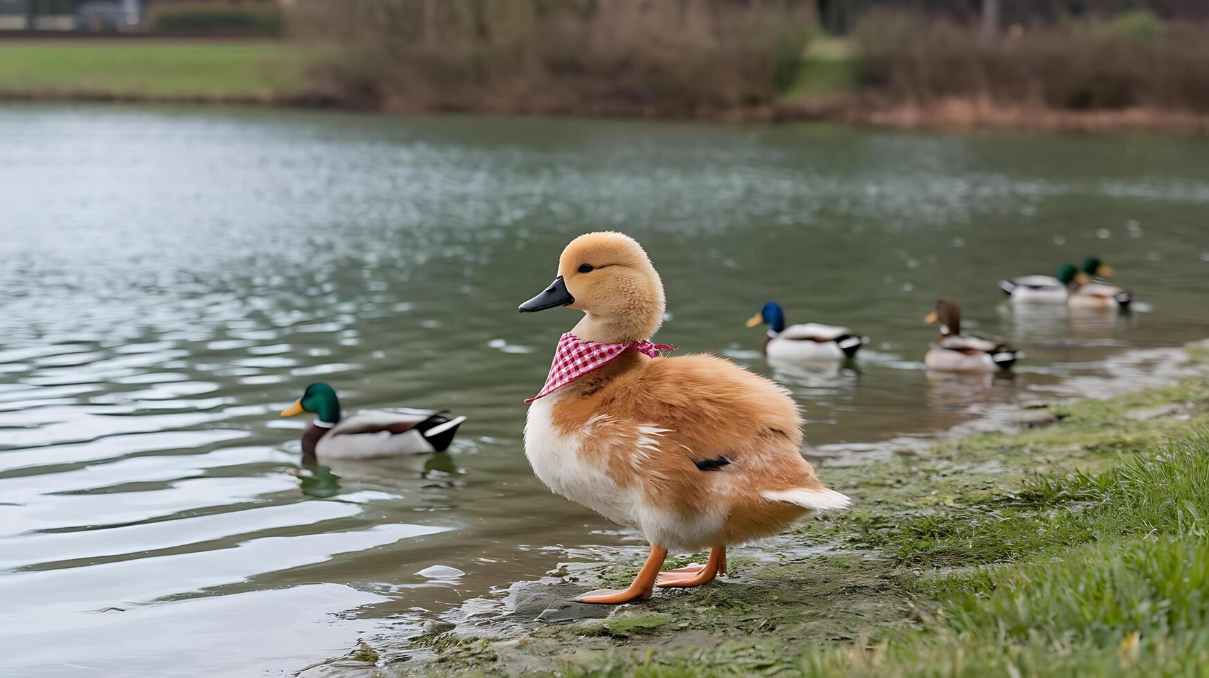 A duck with a pink necktie standing on the shore of a lake photo