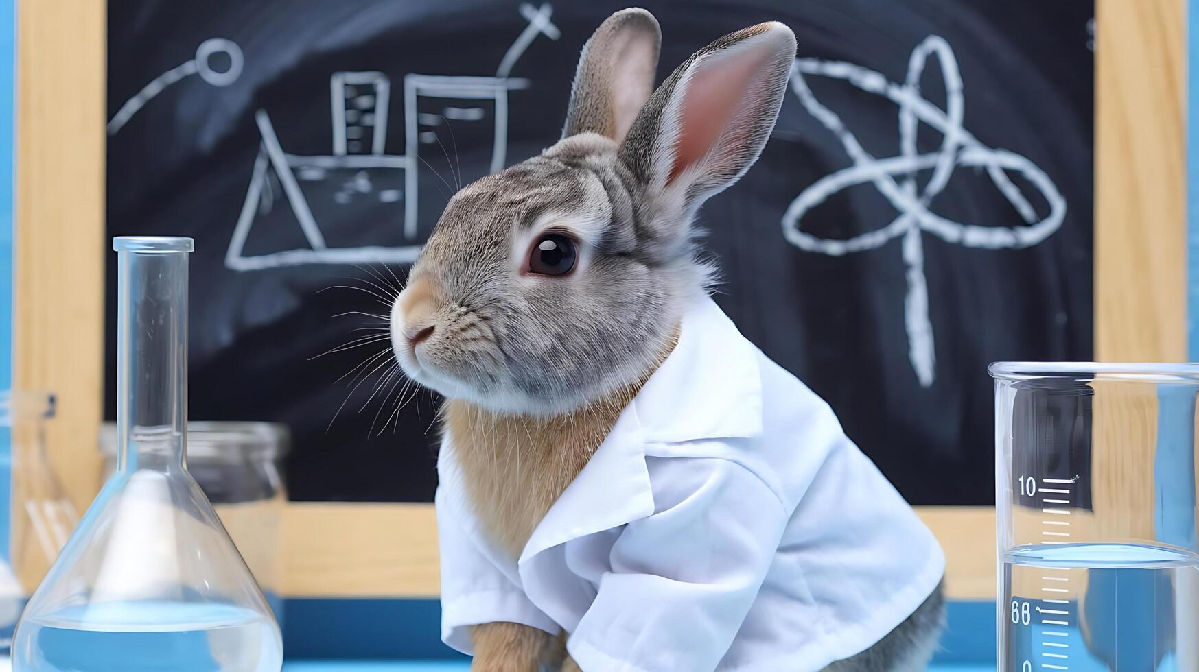 A rabbit in a lab coat sitting on a table photo