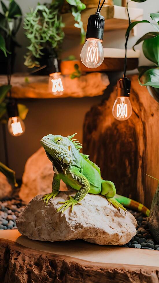 An iguana sitting on a rock in a room with plants and lights photo
