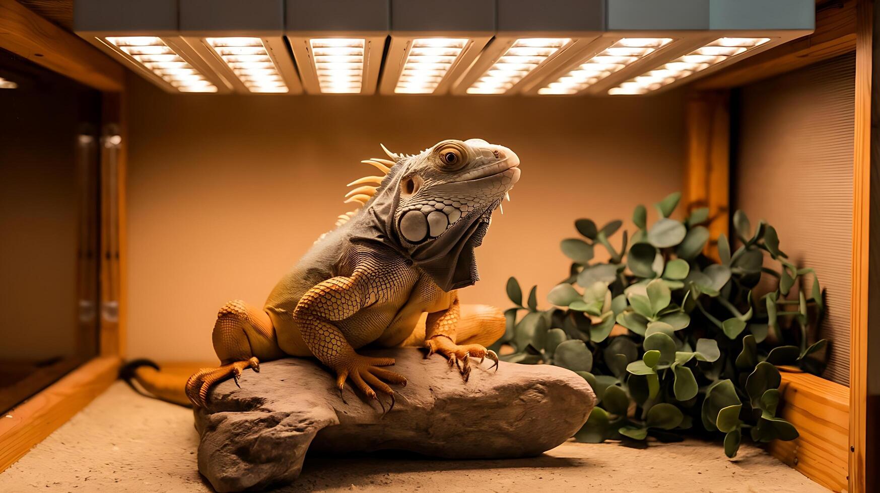 A lizard sitting on a rock in a room with plants photo