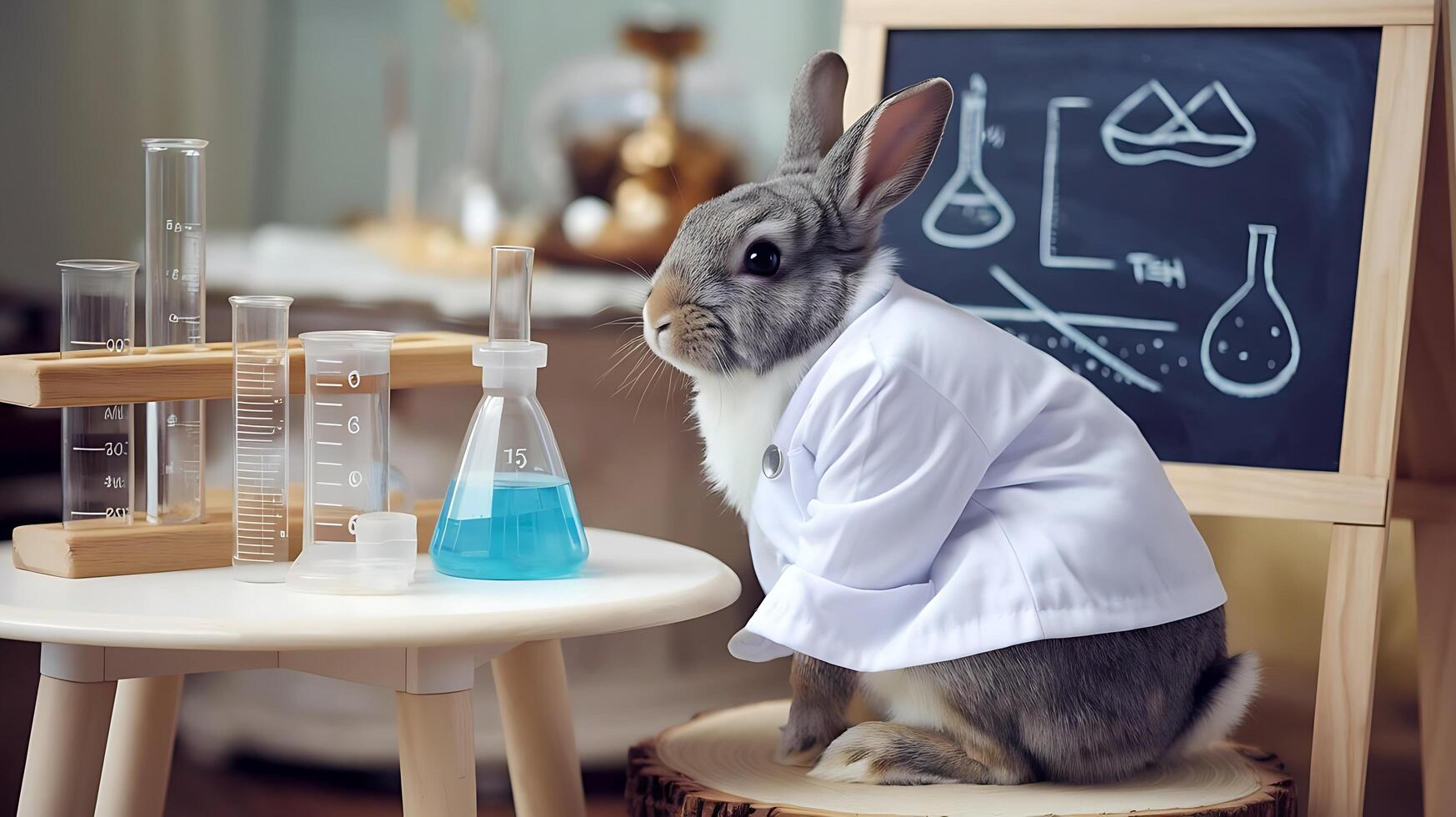 A rabbit in a lab coat sitting on a chair photo
