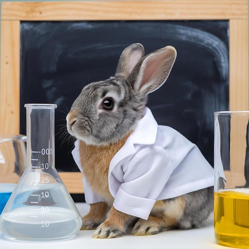 A rabbit wearing a lab coat and glasses sits in front of a beaker photo