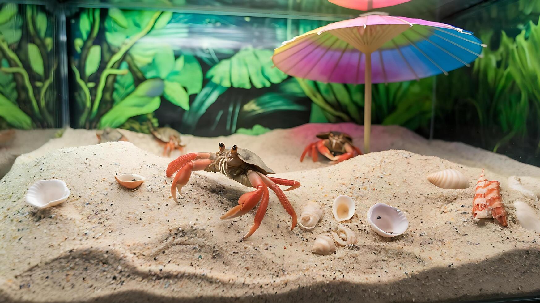 A crab and an umbrella in a sand box photo
