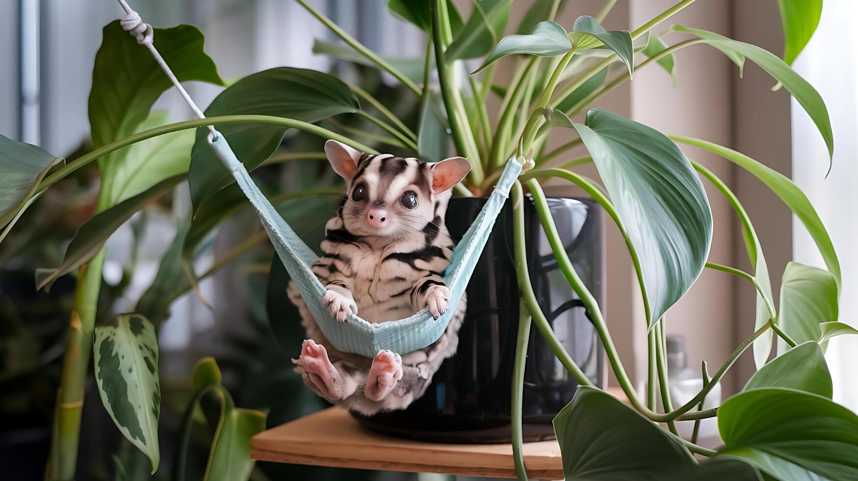 A small kitten sitting in a hammock near a plant photo