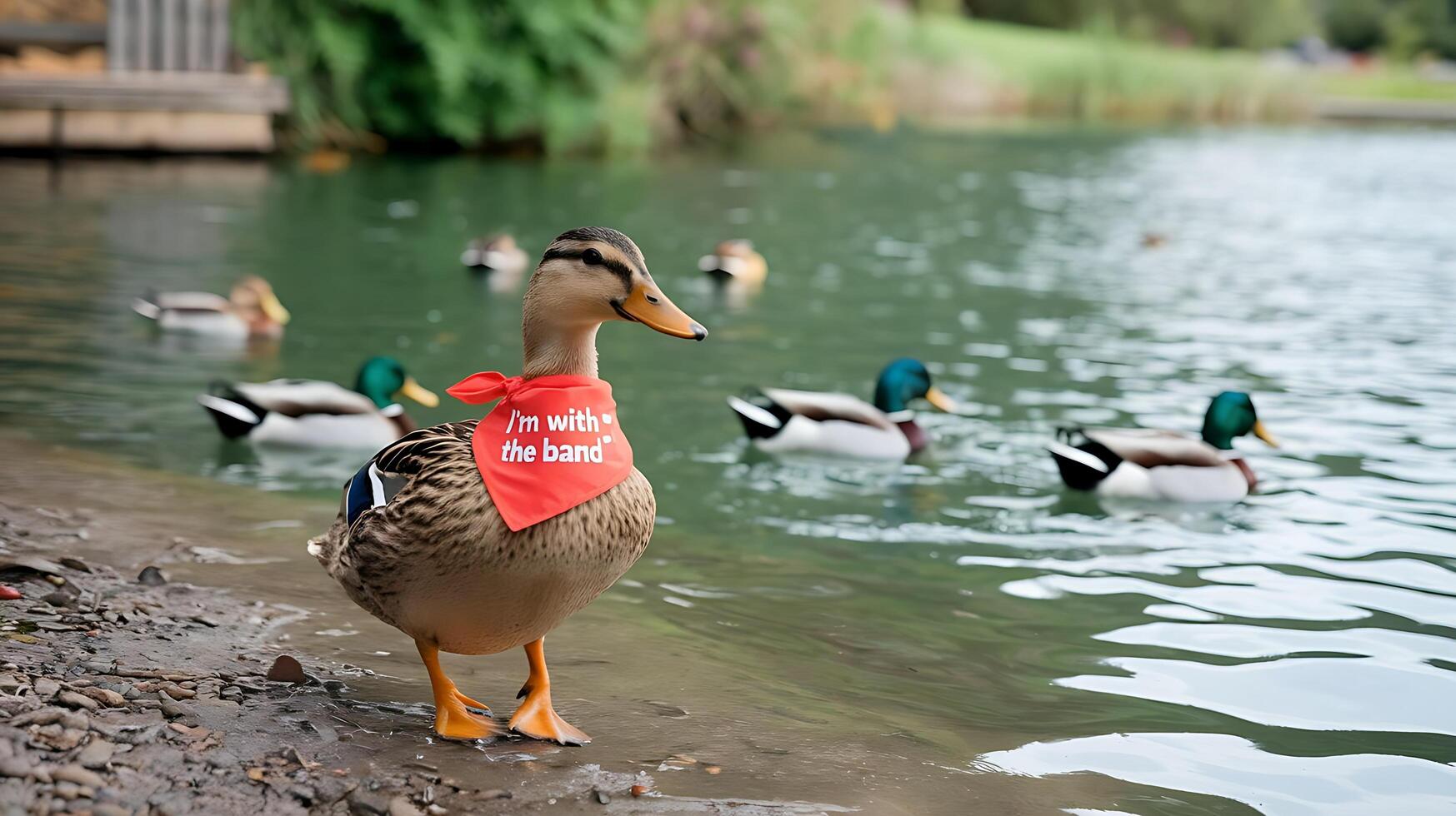 A duck wearing a red bandana on its neck photo