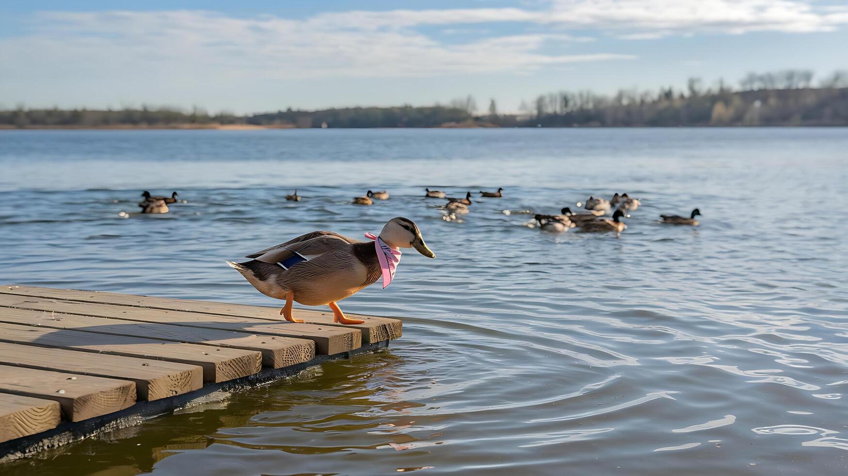 A duck standing on a dock in a lake photo