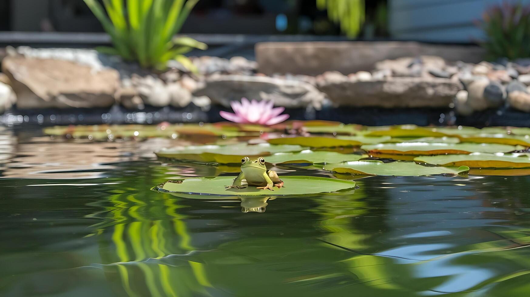 A frog sitting on a lily pad in a pond photo