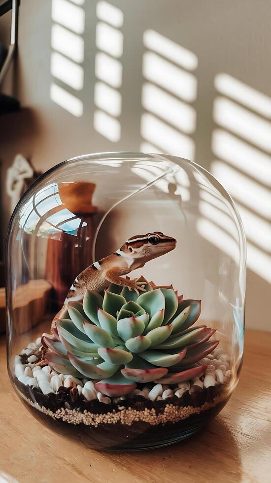 A lizard in a glass bowl photo