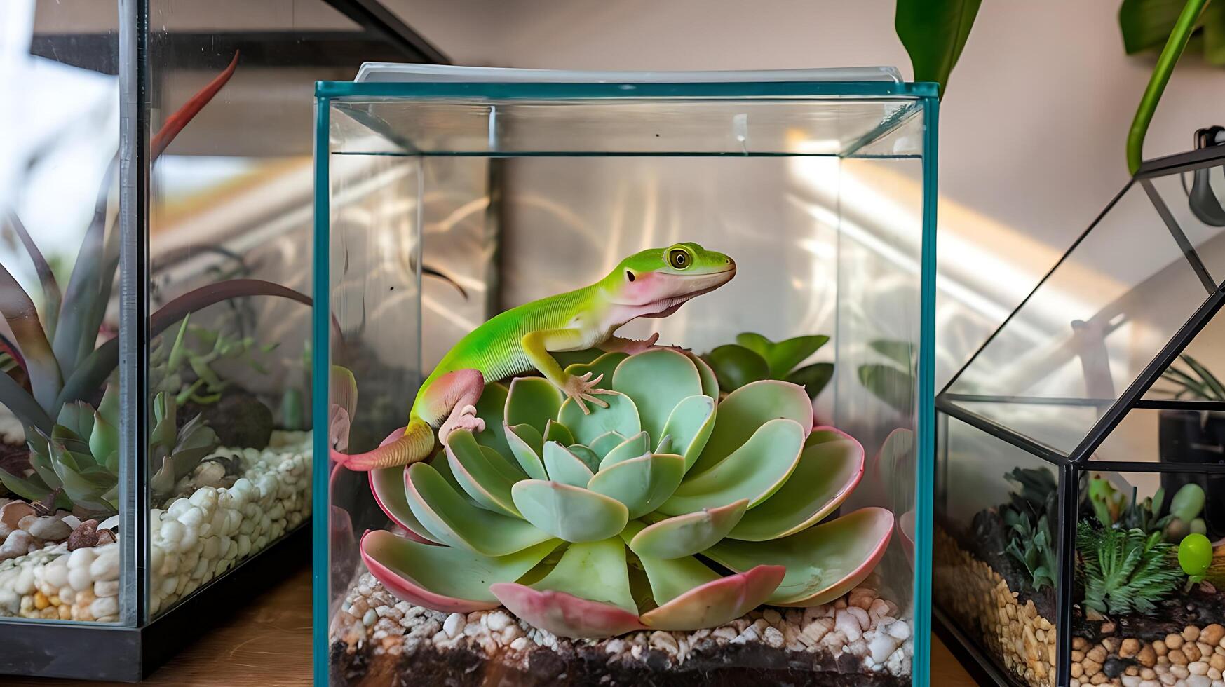 A lizard is sitting in a glass container photo