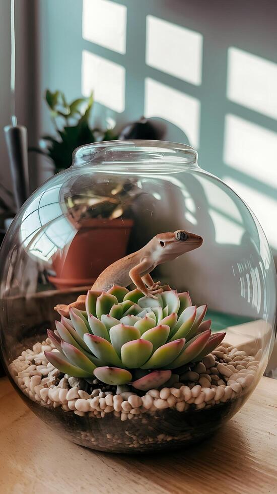 A geckole is sitting in a glass bowl on a table photo