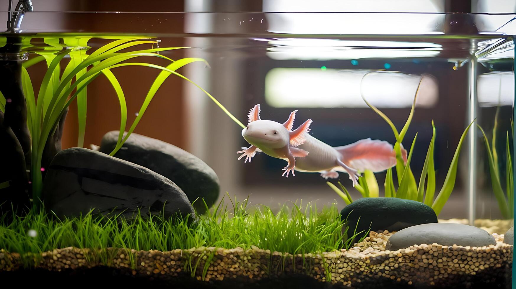 An axolotl in a fish tank with grass and rocks photo