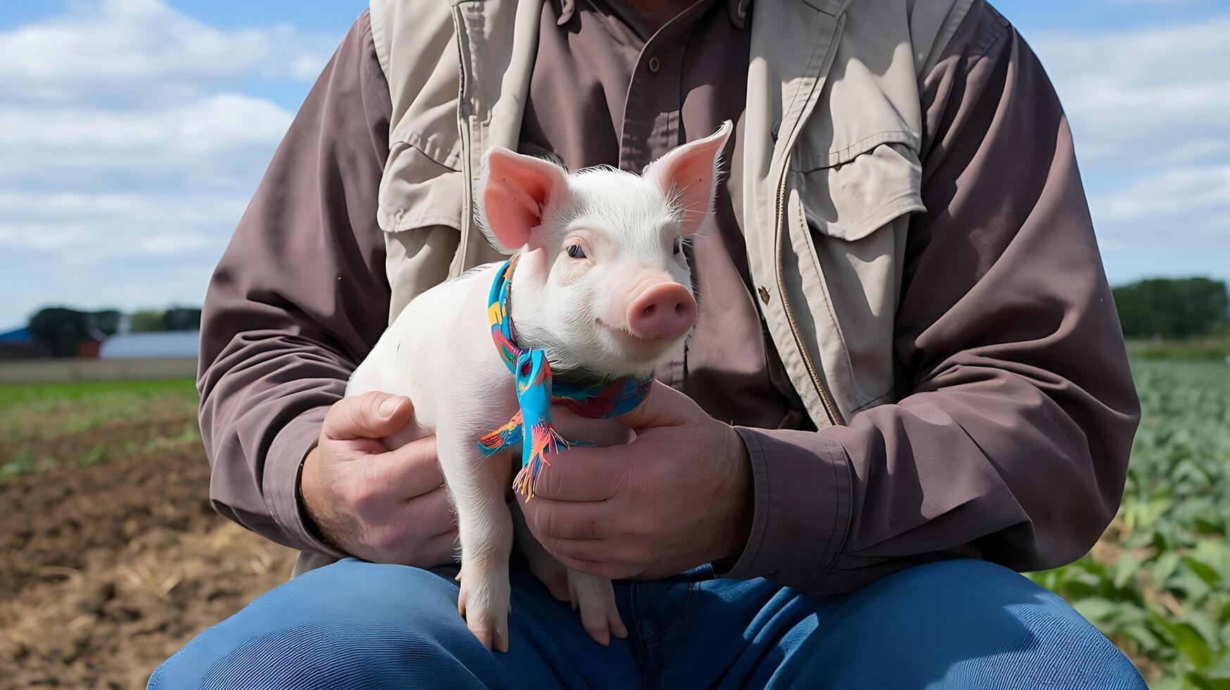 A man holding a small pig in his lap photo