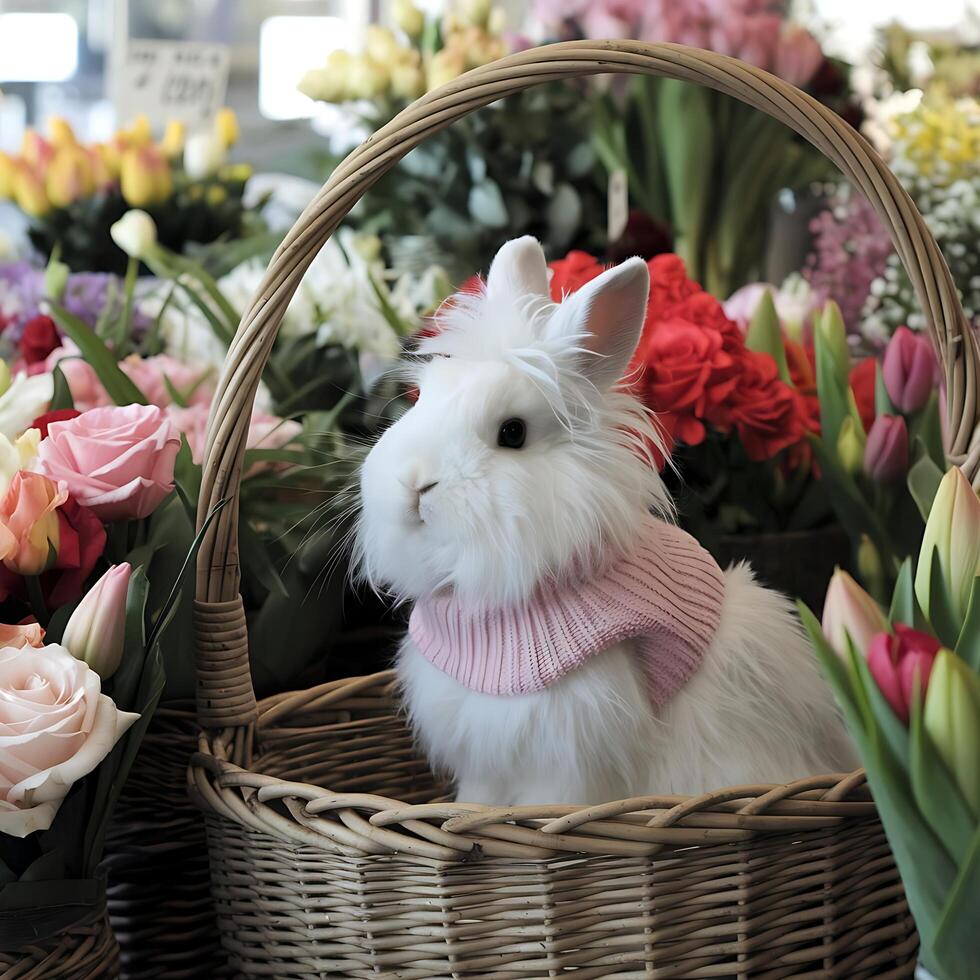A white rabbit in a basket photo