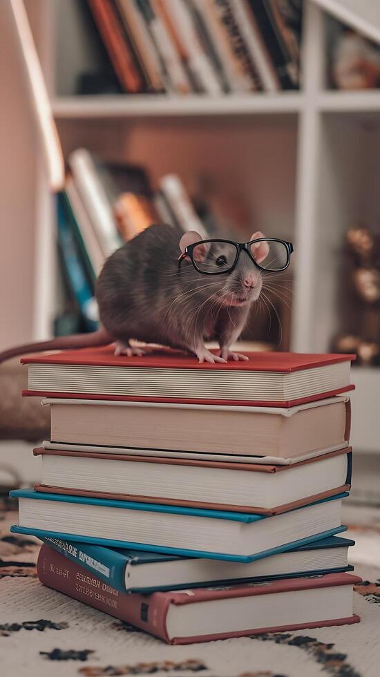 A rat wearing glasses on top of a stack of books photo