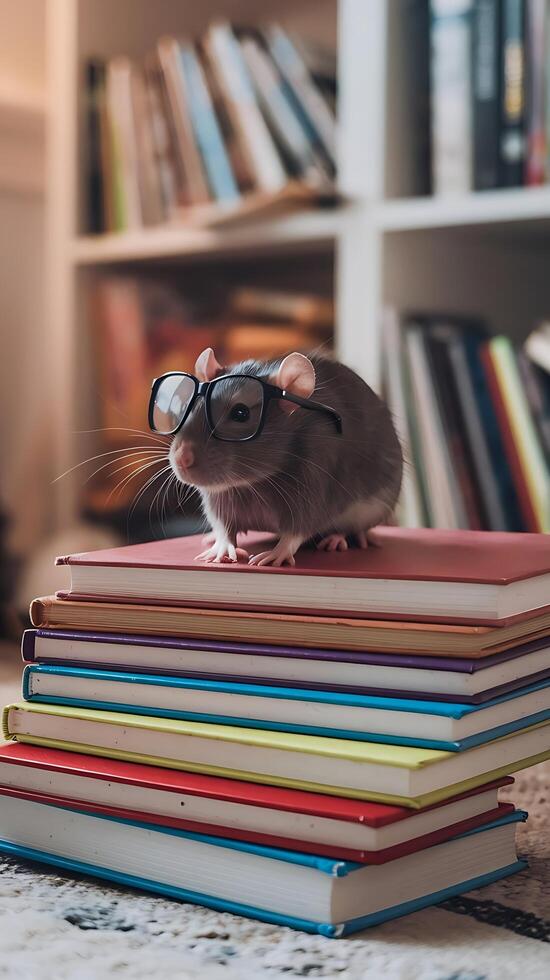 A rat wearing glasses on top of a stack of books photo