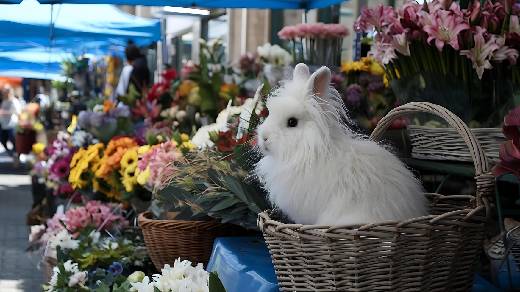 A white rabbit sitting in a basket on a street photo