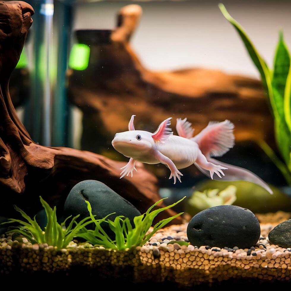 An axolotl is swimming in a tank photo