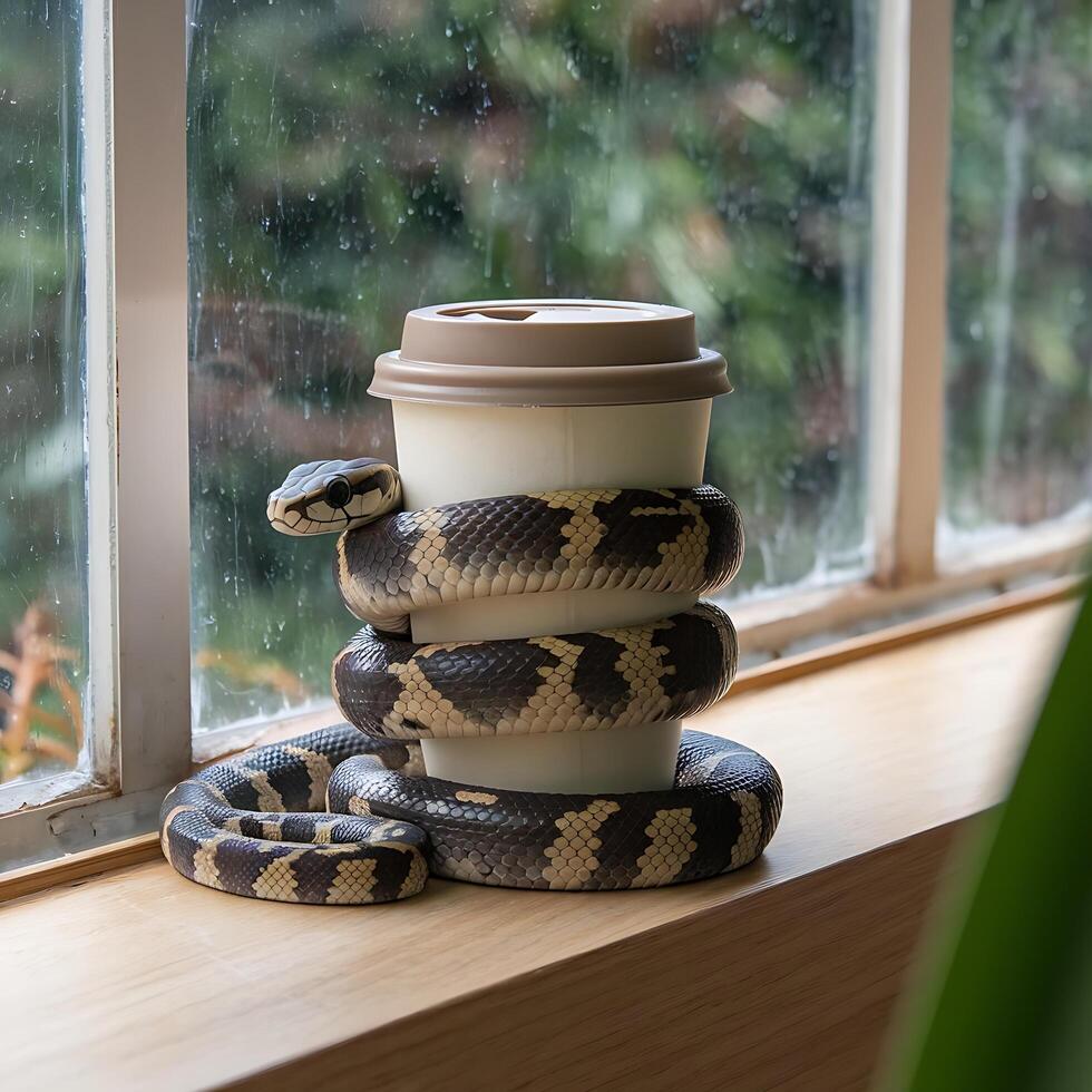 A snake on a cup of coffee photo