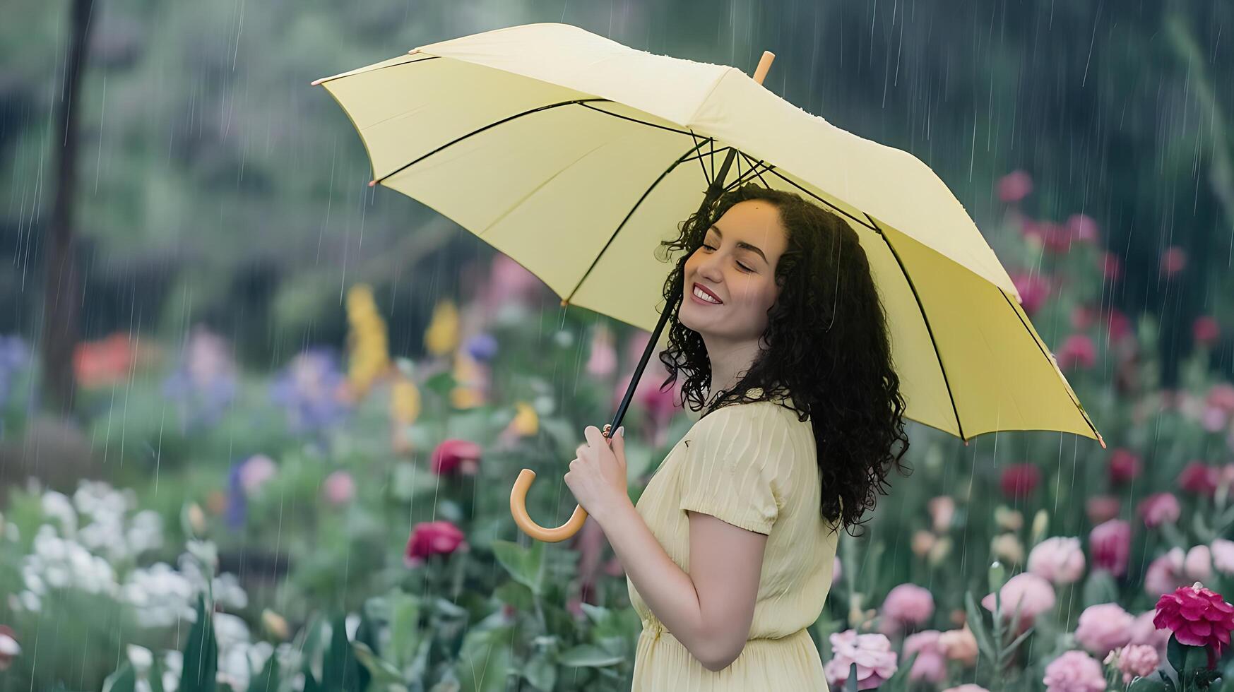 A woman in a yellow dress is holding an umbrella photo