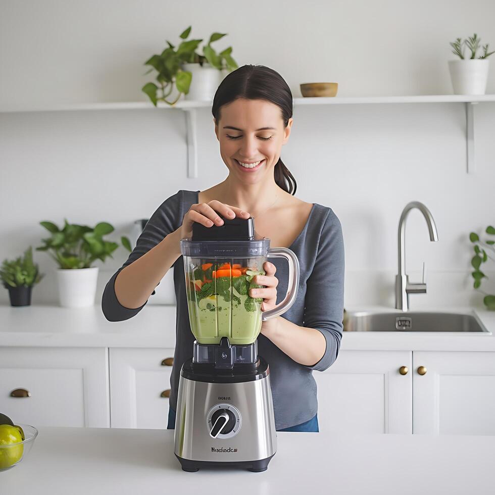 A woman is smiling while using a blender photo