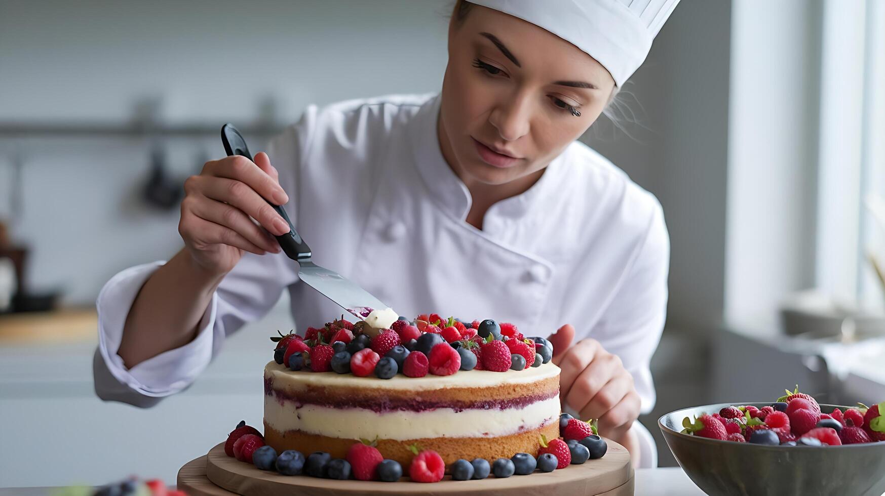 A woman in a chef hat is cutting a cake photo