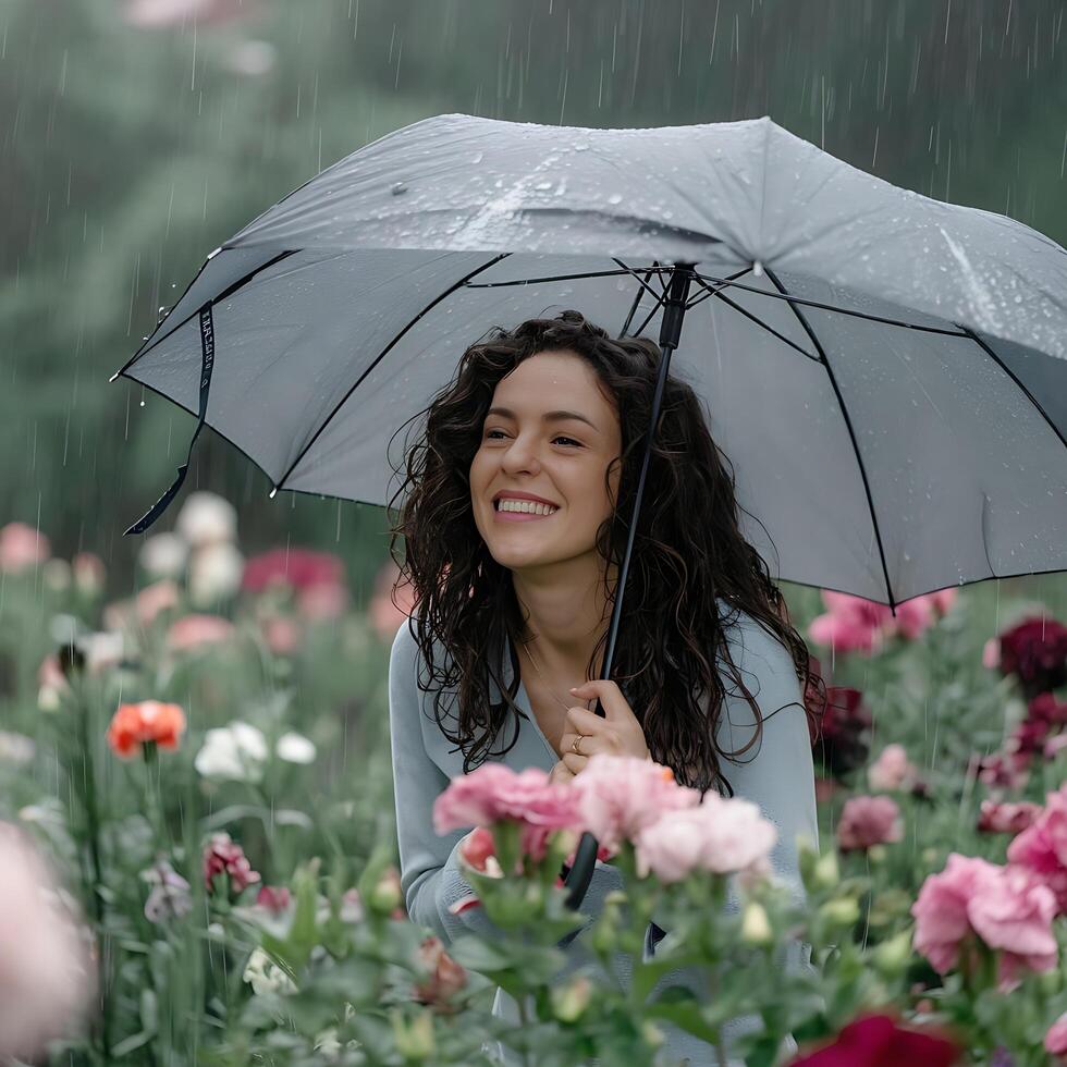 A woman smiles while holding an umbrella in the rain photo