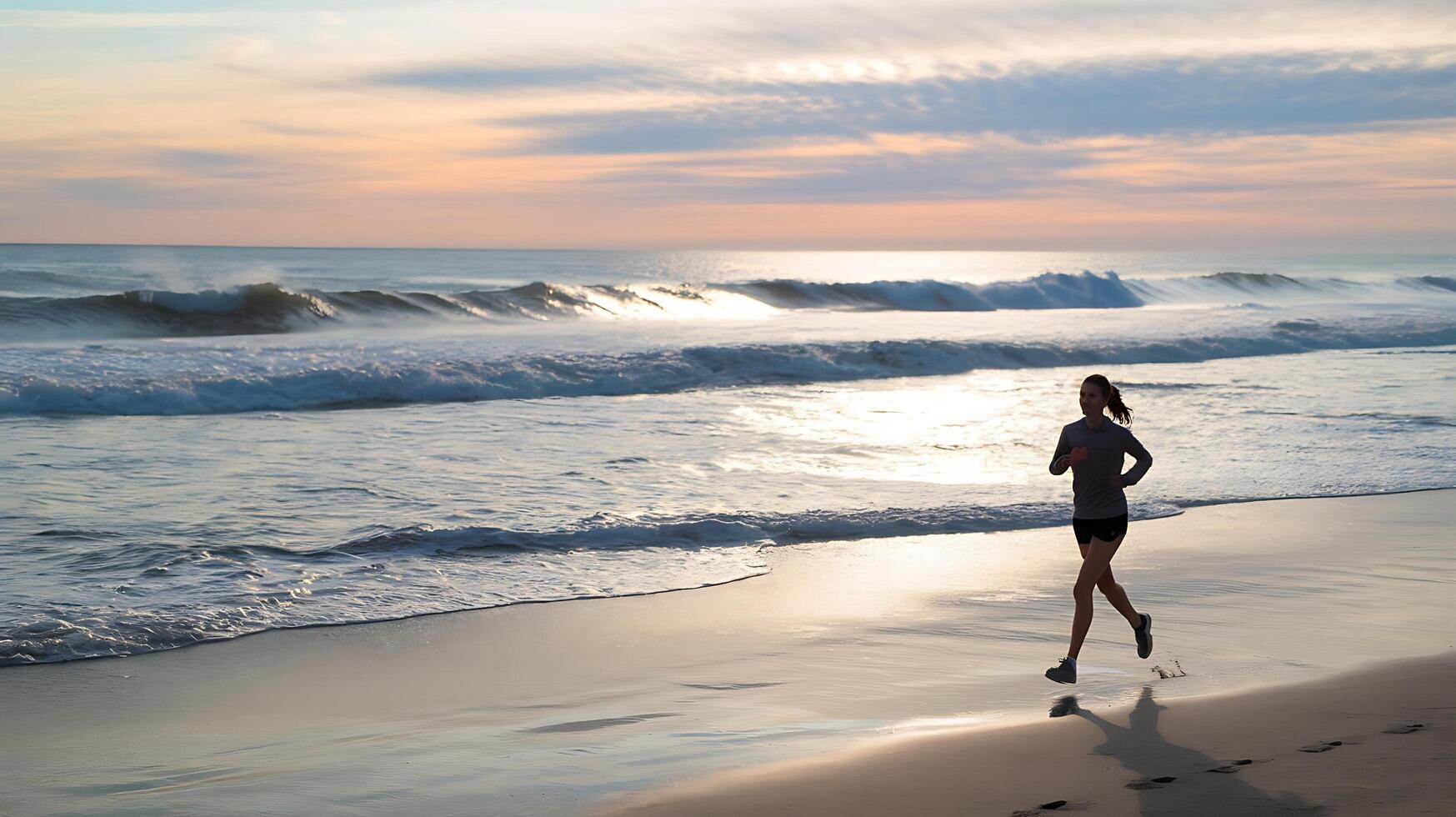 A woman running on the beach at sunset photo