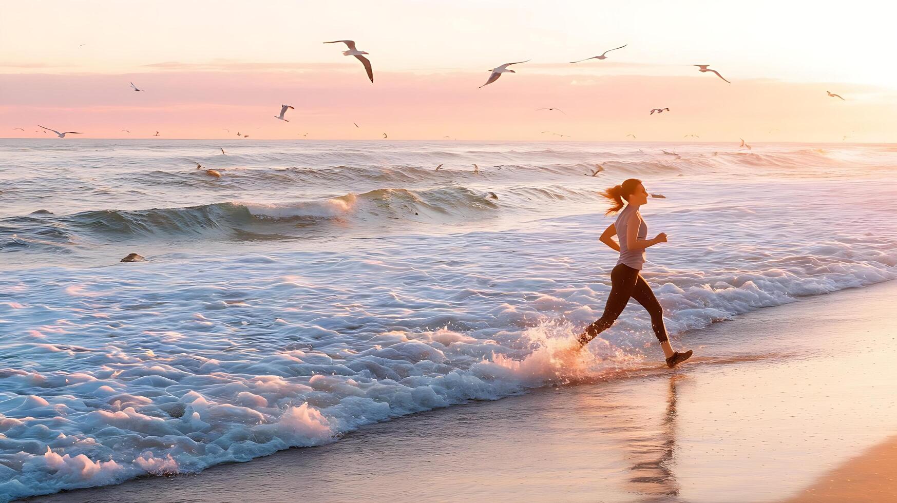 A woman running along the beach at sunset photo