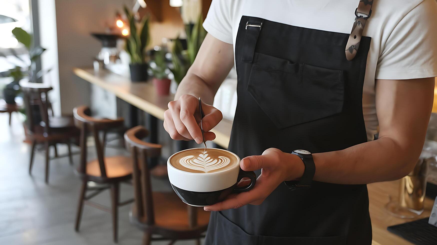 A man in apron holding a cup of coffee photo