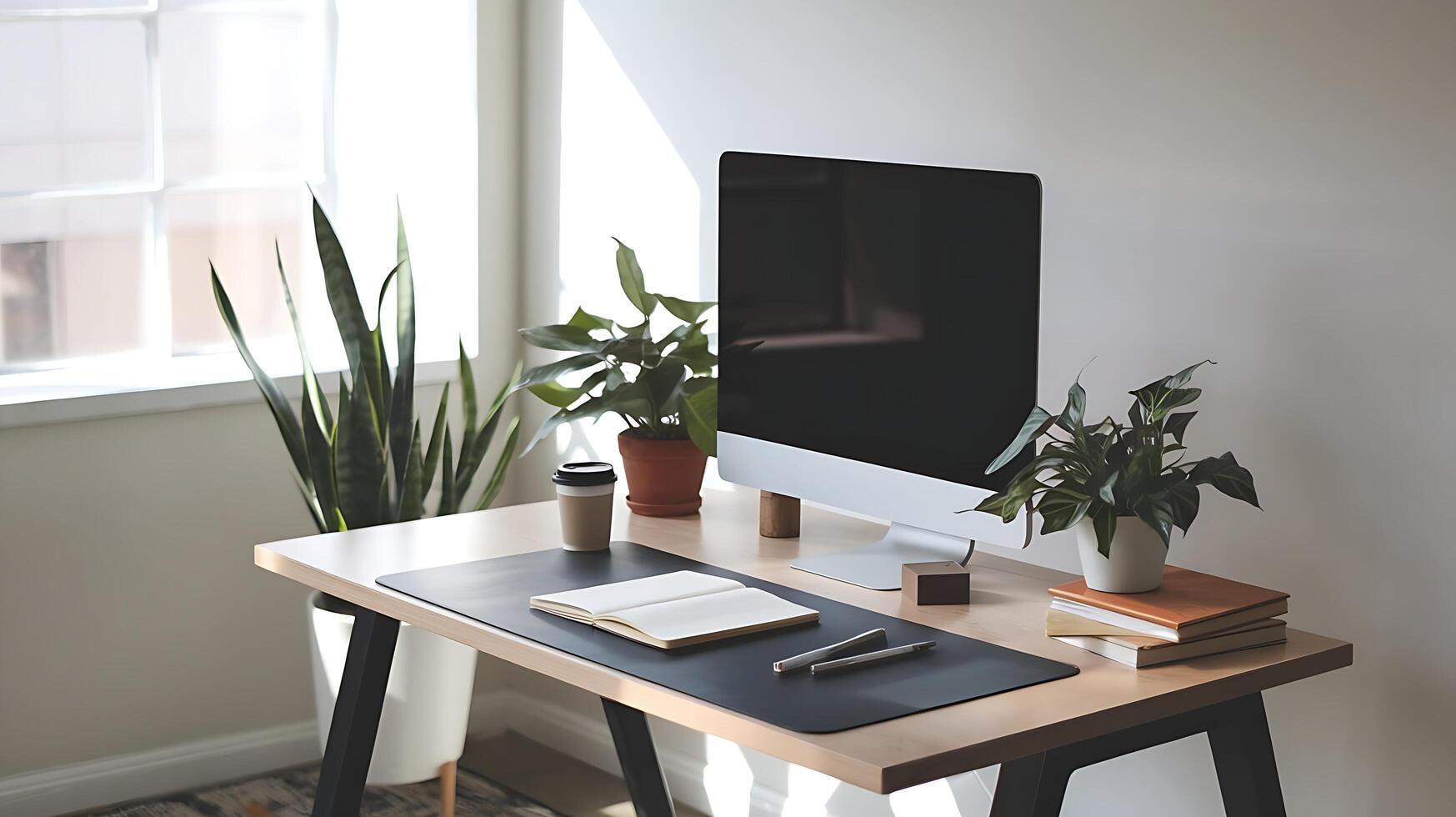 A desk with a computer, a book, and a plant photo